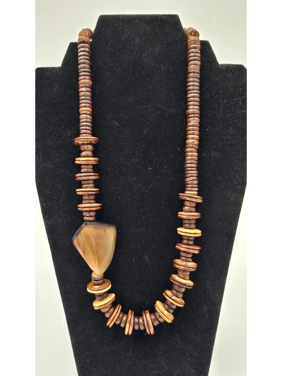 Unbranded Jewelry - Vintage Horn Coconut Wood Statement Necklace 22" Brutalist Tribal Chunky Boho